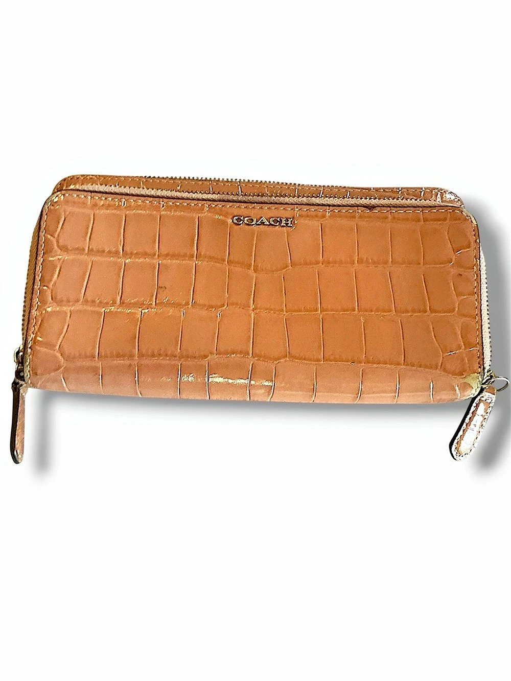 Coach Accordion Zip Wallet in Croc Embossed Leather Brown